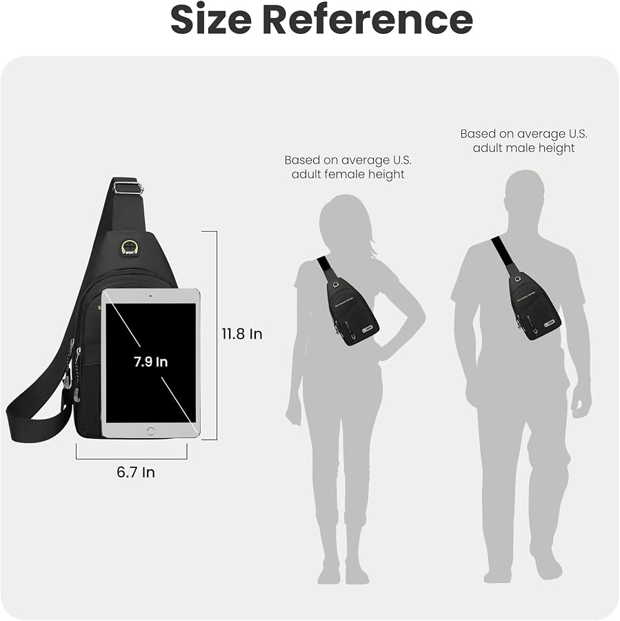 Size reference diagram showing a black crossbody bag with dimensions labeled 11.8 in height and 6.