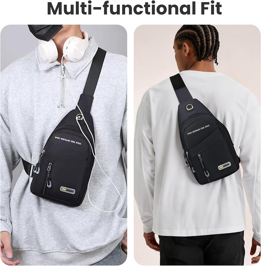 A black sling backpack shown on two models, one from the front wearing a gray sweatshirt with headphones around the neck, and one from the back wearing a white long-sleeve shirt. The image includes the text 'Multi-functional Fit' at the top.
