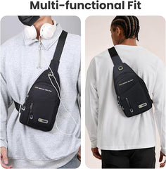 A black sling backpack shown on two models, one from the front wearing a gray sweatshirt with headphones around the neck, and one from the back wearing a white long-sleeve shirt. The image includes the text 'Multi-functional Fit' at the top.