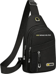 A black sling backpack with an adjustable shoulder strap, featuring multiple zippered compartments, silver zipper pulls, and a small yellow logo on the front pocket.