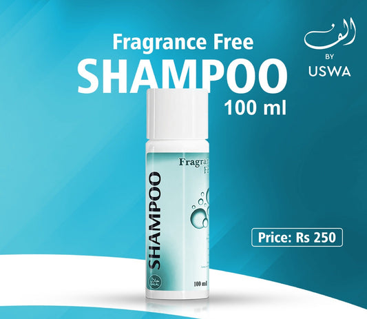 Fragrance-free shampoo bottle with branding on a blue background