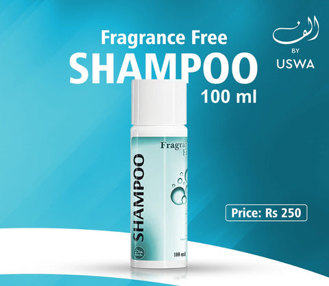 Fragrance-free shampoo bottle with branding on a blue background